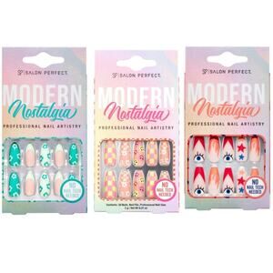 3 pack Bundle Salon Perfect Press On Nails Modern Nostalgia Y2K Checkers, Daisy